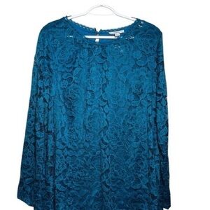 Isaac Mizrahi Teal Floral Lace Long Sleeve Top